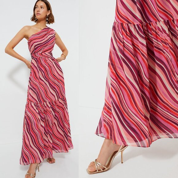 Tuckernuck NEW Pink Sunset Stripe Cadiz One Shoulder Formal Maxi Dress XS - Picture 3 of 12